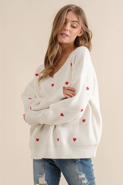 Plus Size Heart Pattern Boxy Knit Pullover Sweater White-SWEATER-Pink Irene Wholesale-Urbanheer