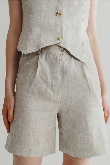 Set Of Beige Linen Shorts And Waistcoat-Sets-Nich Linen-Urbanheer