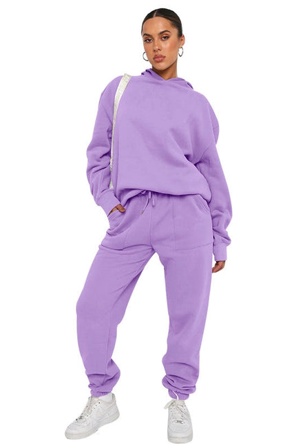 Solid Color Hooded Long Sleeve Sweater and Casual Trousers Suit-Suits-Blak Wardrob-S-Purple-Urbanheer