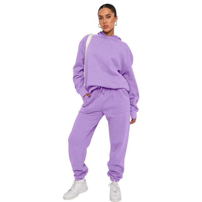 Solid Color Hooded Long Sleeve Sweater and Casual Trousers Suit-Suits-Blak Wardrob-S-Purple-Urbanheer