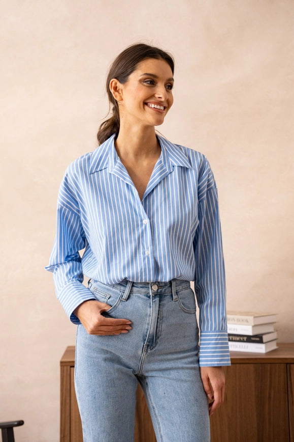 Striped Cotton Shirt with Lapel Collar Sky Blue-SHIRT-Attentif Paris-Urbanheer