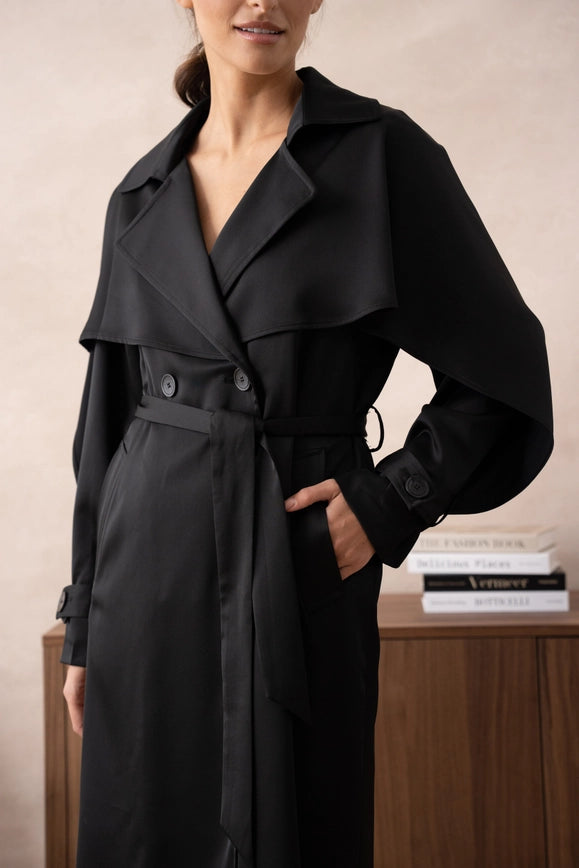 Long Satin Trench Coat with Belt Black-COAT-Attentif Paris-Urbanheer