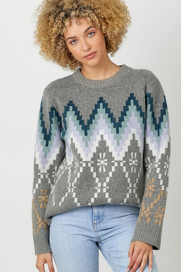 Fair Isle Pullover Sweater  Grey Mix