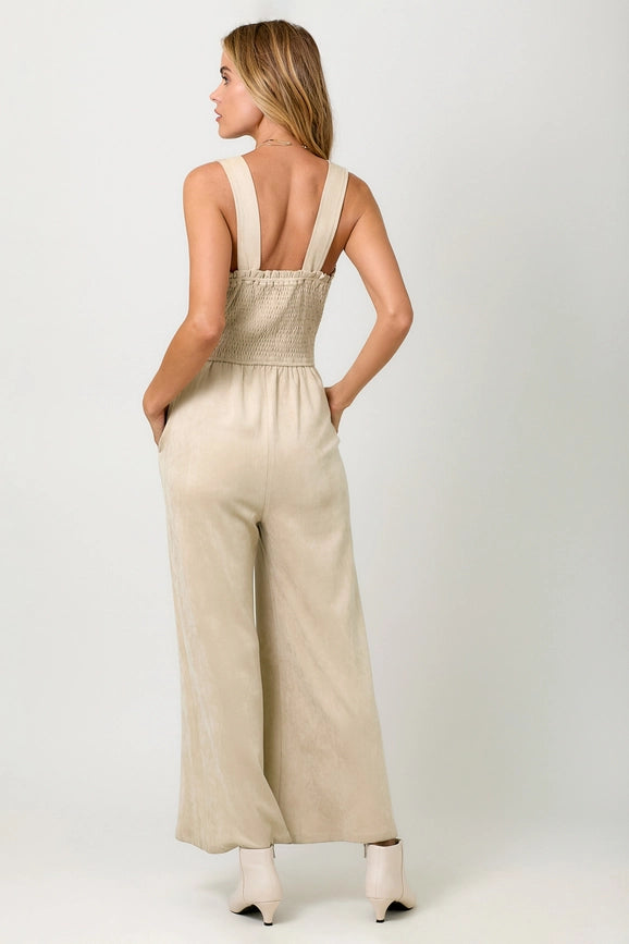 Suede Wide Leg Jumpsuit Antique White