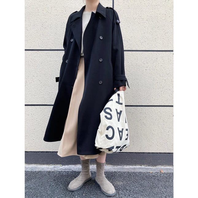 Draping British Loose Mid-Length Over The Knee Trench Coat Black-Coat-Blak Wardrob-S-Urbanheer