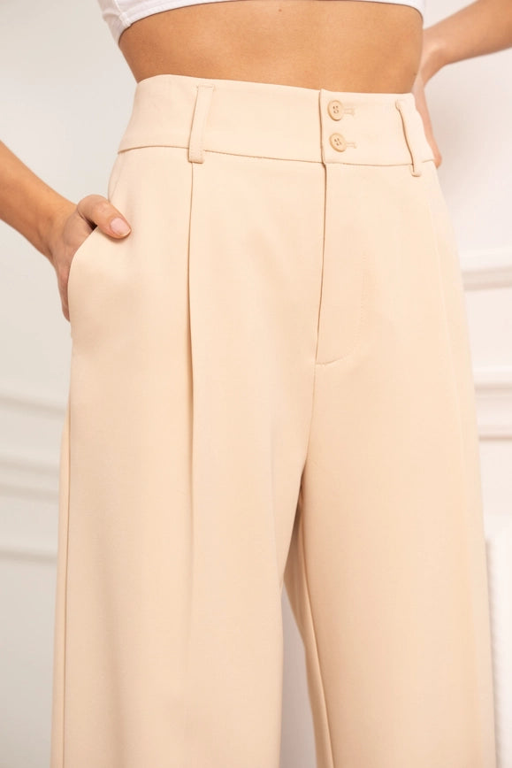 Wide-Cut Plain Pants with Double Breasted Beige-Pants-Attentif Paris-Urbanheer