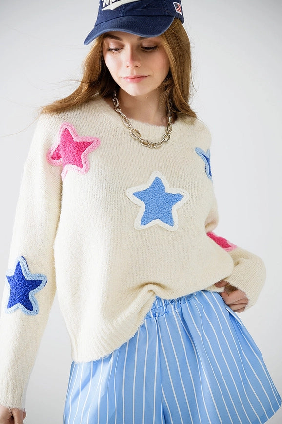 Cream Sweater with Embroidered Stars