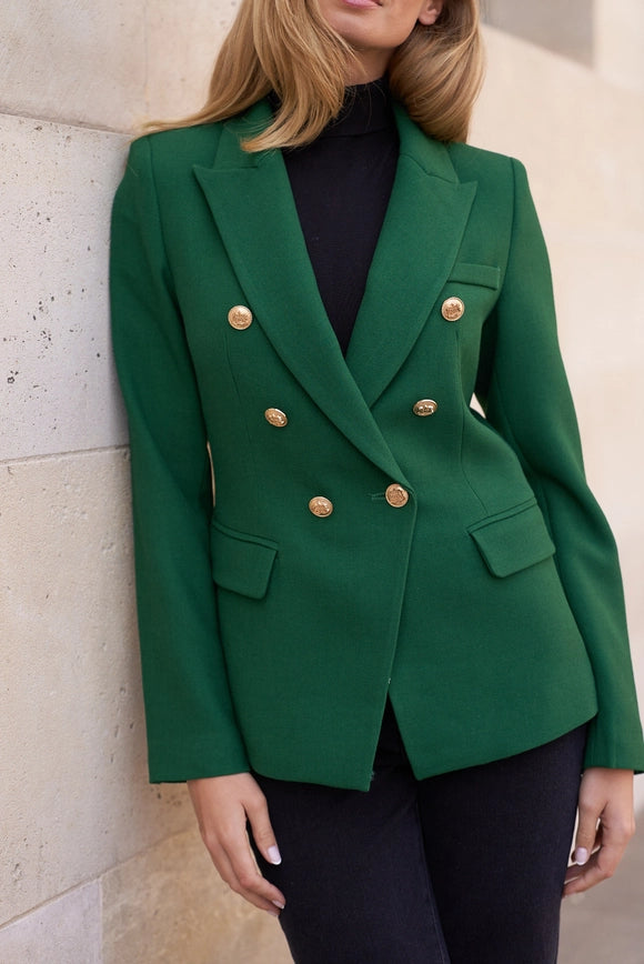 Blazer Jacket with Gold Buttons, Winter Material Green-Jacket-Attentif Paris-Urbanheer