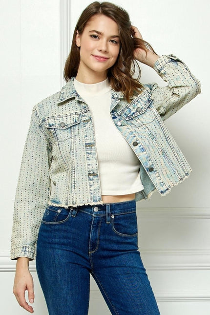 Veveret Multi Color Stripe Rhinestone Raw Hem Denim Jacket-UHX-Urbanheer