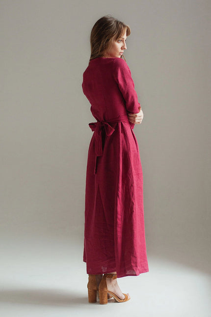 Burgundy Red Linen Dress Maxi With Front Buttons And Collar-Clothing - Women-Nich Linen-Urbanheer