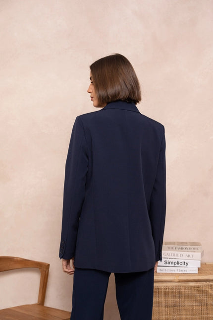 Signature Asymmetric Mid-Length Double-Breasted Plain Jacket Navy Blue-Jacket-Attentif Paris-Urbanheer