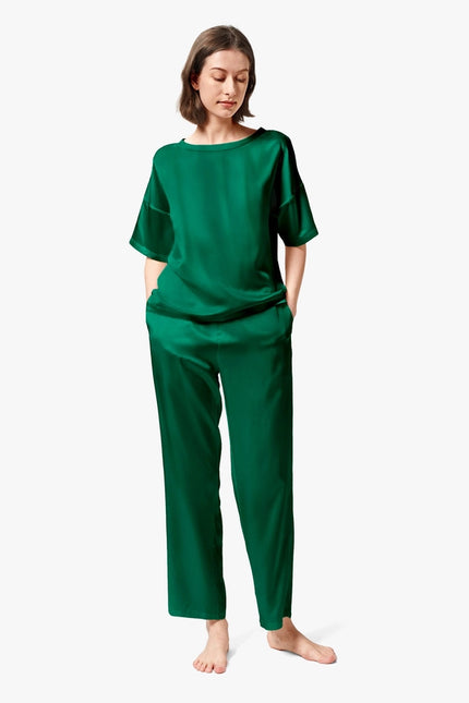 Sunday Morning Silk Pajamas Emerald Green-Pajamas-MommeSilk-Urbanheer