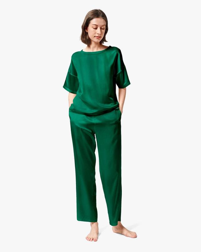 Sunday Morning Silk Pajamas Emerald Green-Pajamas-MommeSilk-Urbanheer