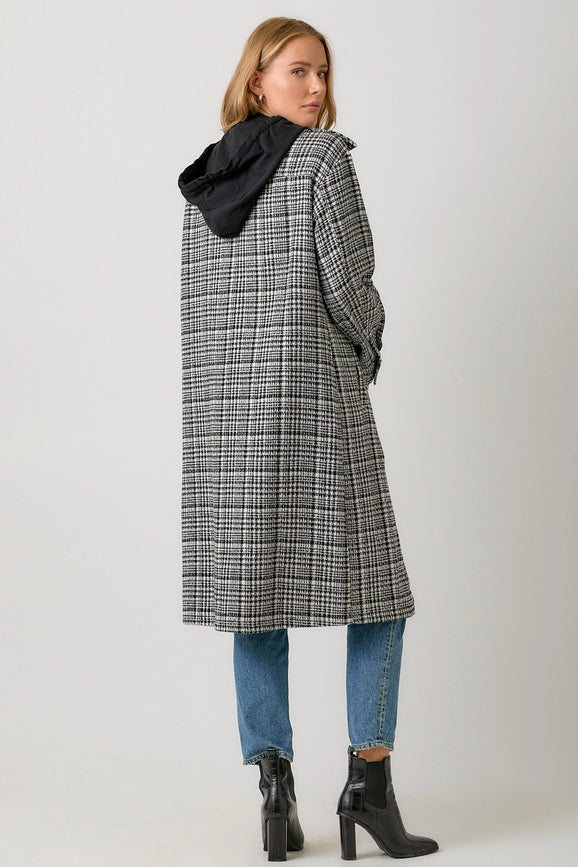 Twofer Hoodie Plaid Long Jacket Black Mix