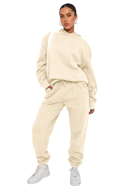 Solid Color Hooded Long Sleeve Sweater and Casual Trousers Suit-Suits-Blak Wardrob-S-Apricot-Urbanheer