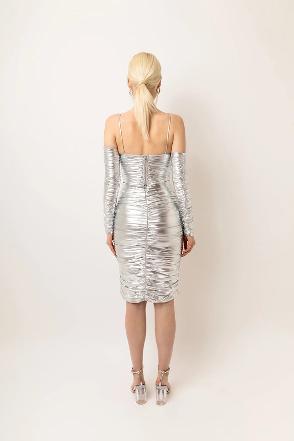 Yaya Metallic Ruched Fitted Midi Skirt-Skirts-Amy Lynn-Urbanheer