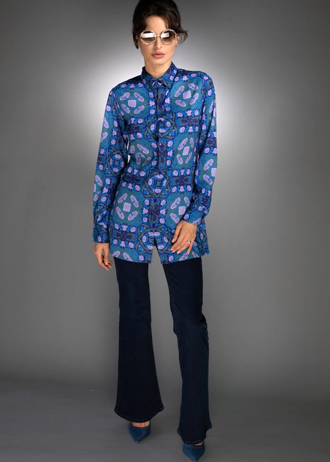 Floral Geometric Shape Long Shirt Roses Cobalt Blue / Lilac-Nuvula-Urbanheer