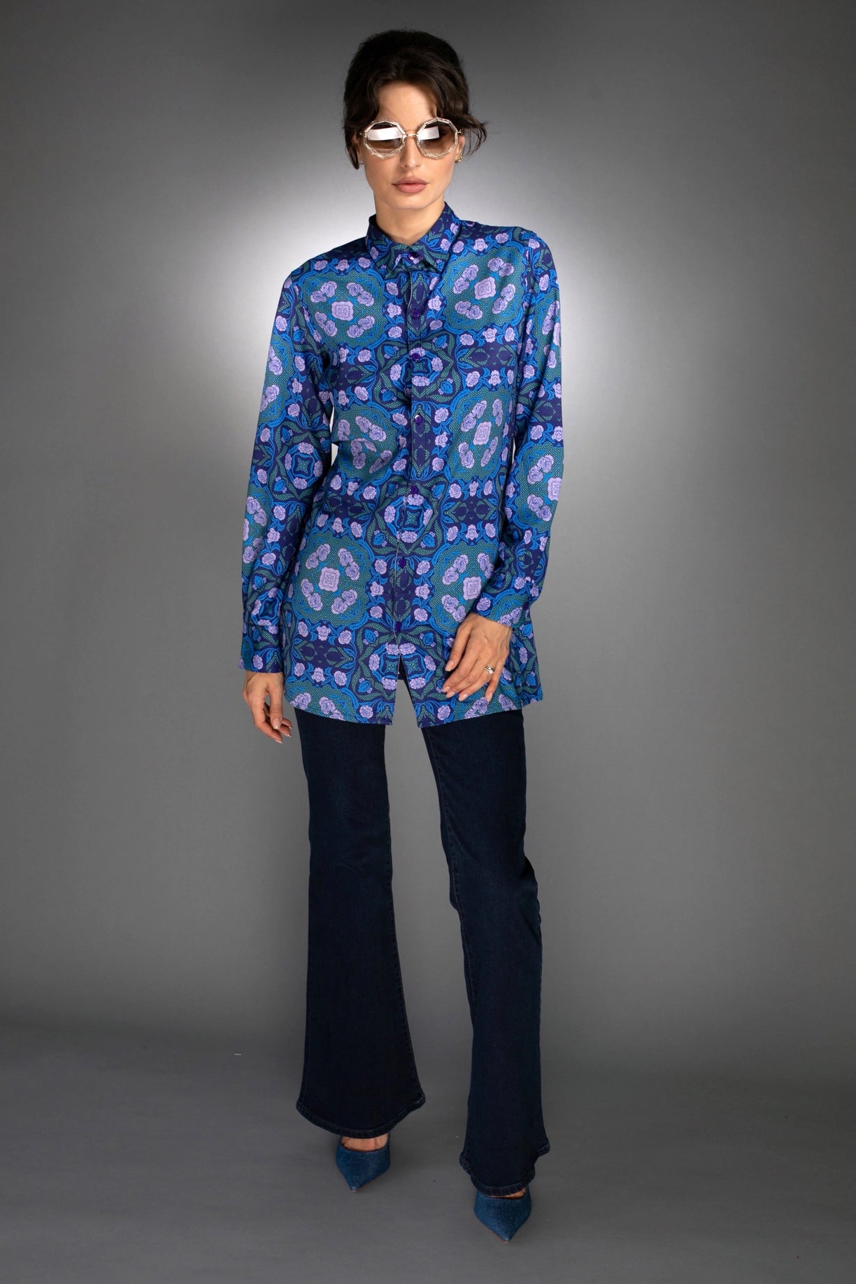 Floral Geometric Shape Long Shirt Roses Cobalt Blue / Lilac-Nuvula-Urbanheer