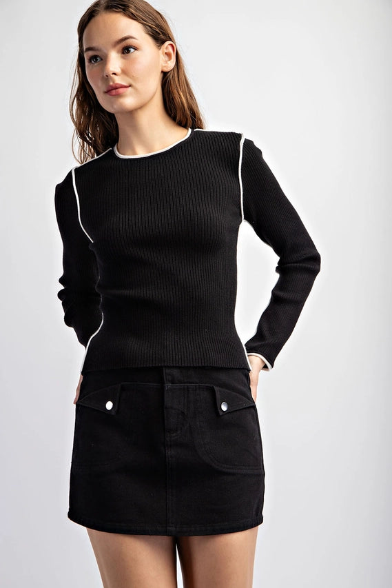 Contrast Edge Long Sleeve Sweater Top Black/Off White-Sweater Top-EDIT by NINE-Urbanheer