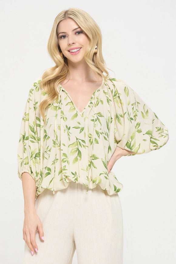 Floral Print V Neck 3/4 Sleeve with Tie-TOP-Renee C.-S-Green-Urbanheer