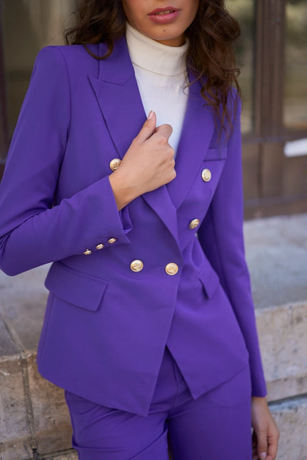 Timeless Fitted Blazer Jacket with Gold Double-Breasted Buttons Violet-Jacket-Attentif Paris-S-Urbanheer