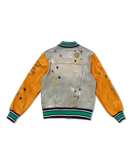 All Over Embroidered Varsity Denim Jacket-Jacket-First Row-Urbanheer