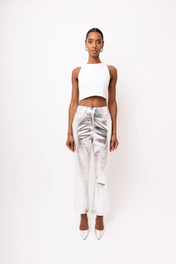 Lupe Straight Faux Leather Metallic Pants SILVER-Pants-Amy Lynn-Urbanheer