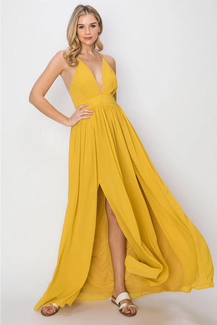 SLEEVELESS Double Strap Slit Maxi Dress YELLOW-Dress-HYFVE-M-Urbanheer