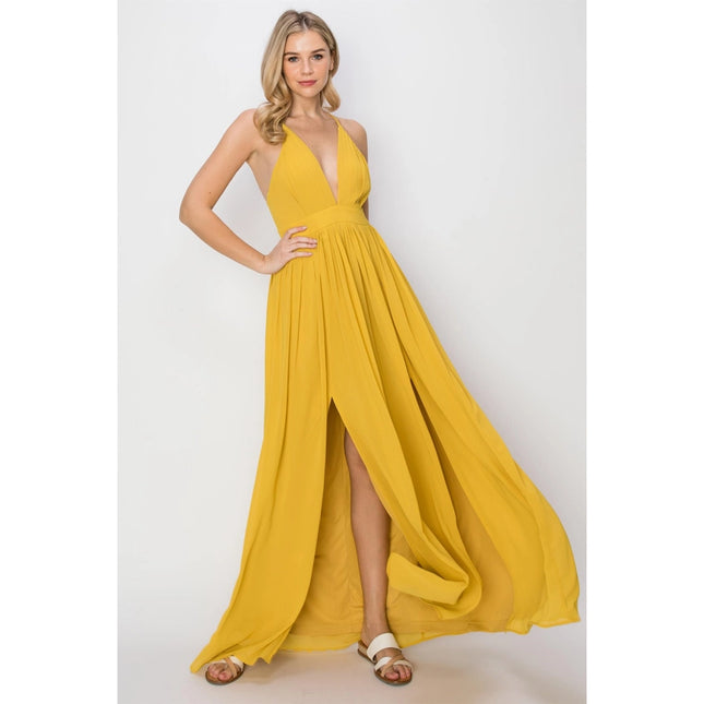 SLEEVELESS Double Strap Slit Maxi Dress YELLOW-Dress-HYFVE-M-Urbanheer