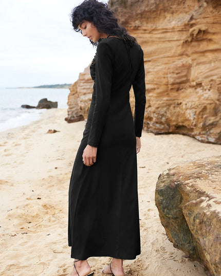 Ruched Key Hole Maxi Dress - Black-Dress-Sofia Irina-Urbanheer