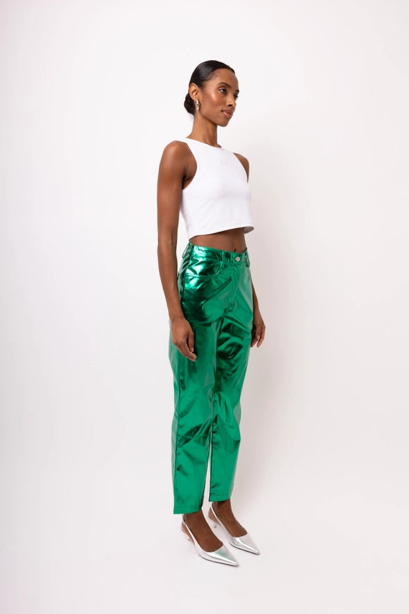 Lupe Straight Faux Leather Metallic Pants FOREST GREEN-Pants-Amy Lynn-Urbanheer