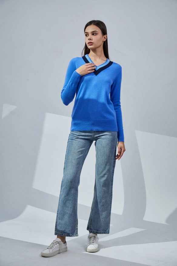 Contrasting V-Neck Cashmere Sweater-Sweater-Pissenlit-Urbanheer