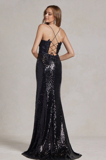 Plunging Mesh Sequin Evening Dress-Dresses-Nox Anabel-Urbanheer