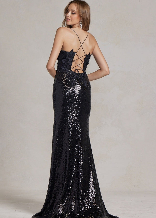 Plunging Mesh Sequin Evening Dress-Dresses-Nox Anabel-Urbanheer