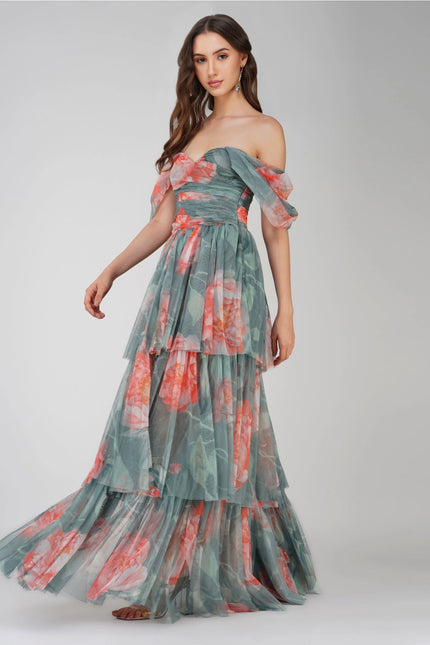 Sydney Tulle Maxi Dress in Sage Green Floral