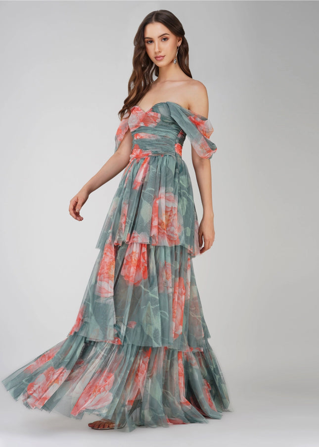 Sydney Tulle Maxi Dress in Sage Green Floral