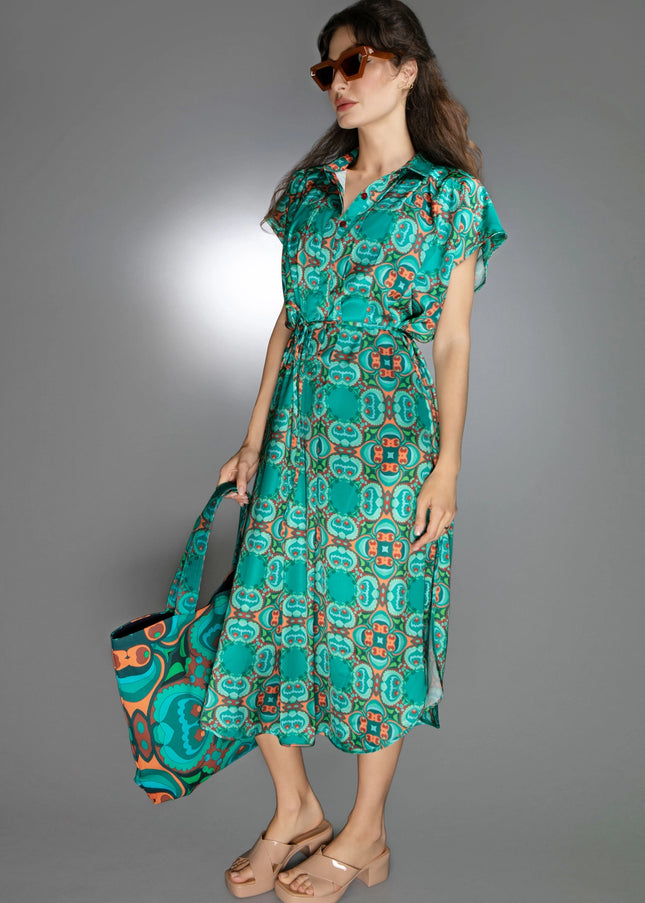 Teal/Orange Modern Relaxed Fit Satin Spread Collar Dress-Nuvula-Urbanheer