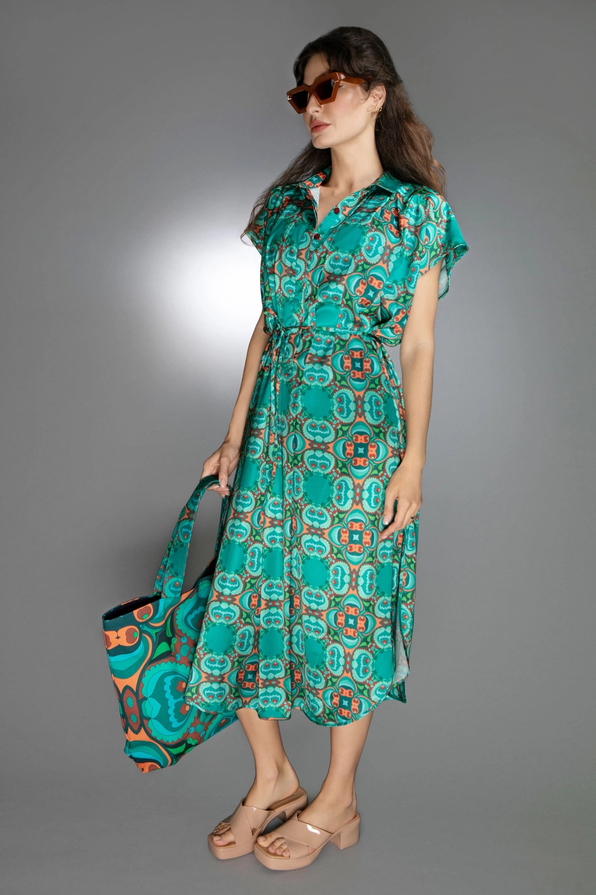 Teal/Orange Modern Relaxed Fit Satin Spread Collar Dress-Nuvula-Urbanheer