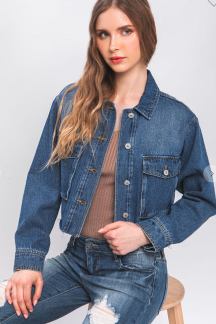 LOVE TREE Raw Hem Button Up Cropped Denim Jacket-UHX-BLUE-S-Urbanheer