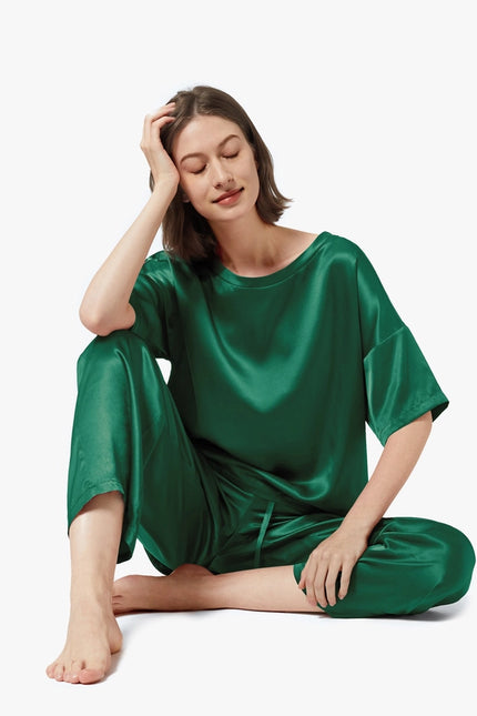 Sunday Morning Silk Pajamas Emerald Green-Pajamas-MommeSilk-Urbanheer