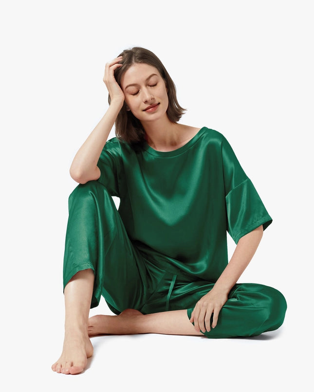 Sunday Morning Silk Pajamas Emerald Green-Pajamas-MommeSilk-Urbanheer