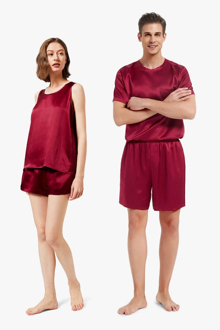 His & Hers Casual Silk Pajamas Claret-Pajamas-MommeSilk-Urbanheer