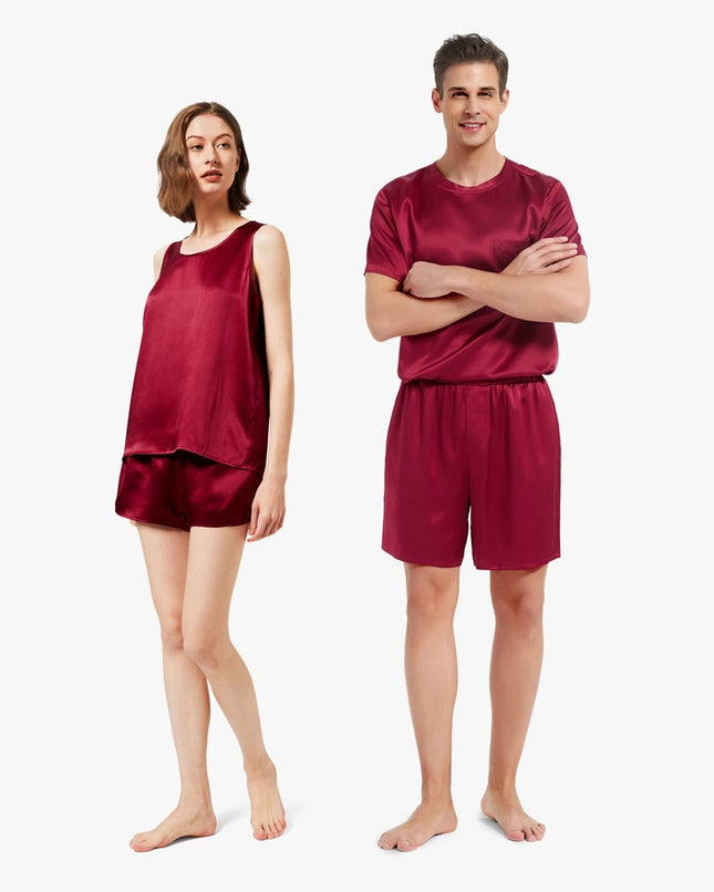 His & Hers Casual Silk Pajamas Claret-Pajamas-MommeSilk-Urbanheer