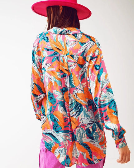 Satin Shirt in Floral Print in Orange-Top-Q2-Urbanheer