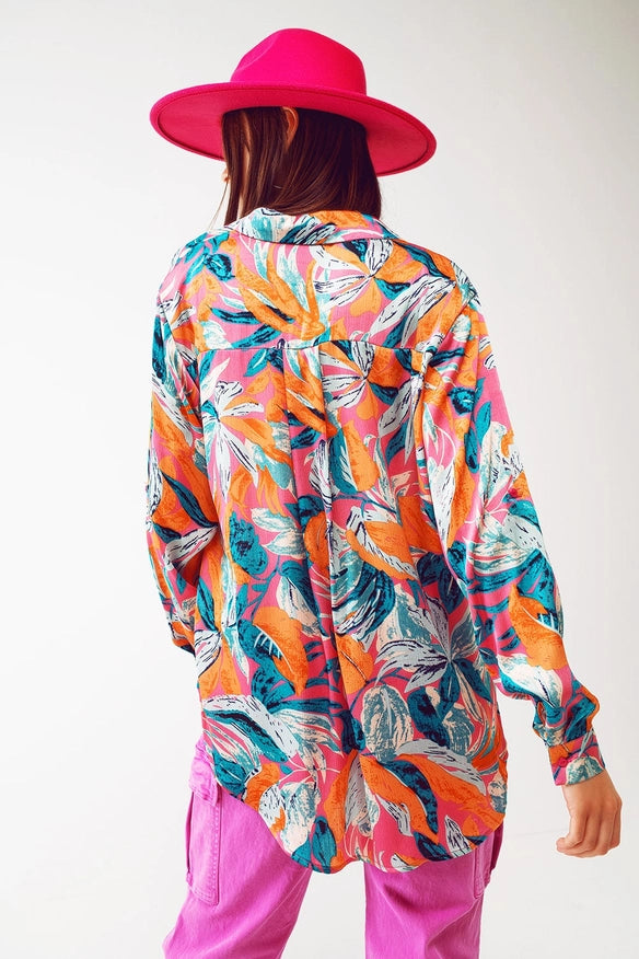 Satin Shirt in Floral Print in Orange-Top-Q2-Urbanheer