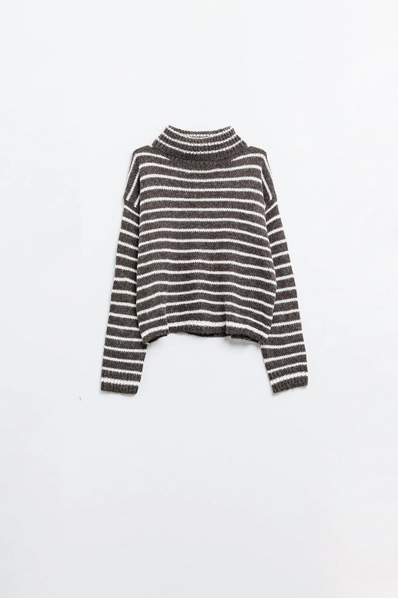 Soft Knit Striped Turtleneck Sweater in Brown