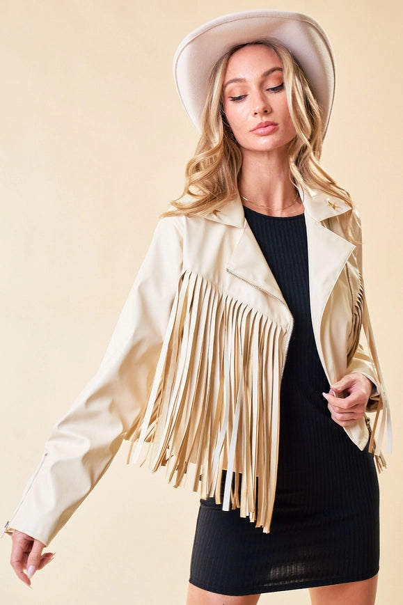 Cream Faux Leather Fringe Jacket with Gold Stars-Jacket-Saints & Hearts-Urbanheer