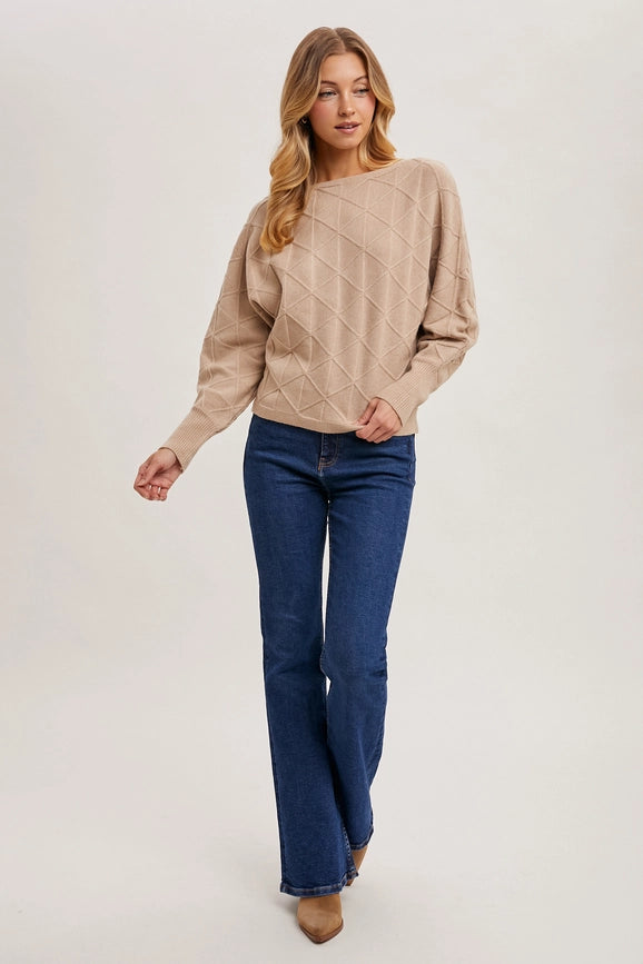 Long Sleeve Boat Neck Diamond Knit Sweater BEIGE