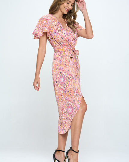 Print V Neck Dress With Tie-Renee C.-Urbanheer