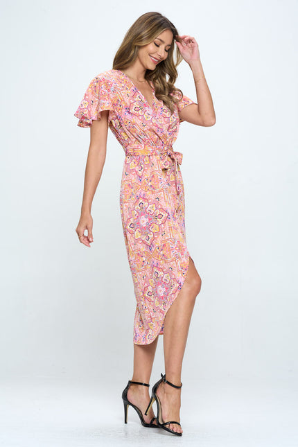 Print V Neck Dress With Tie-Renee C.-Urbanheer